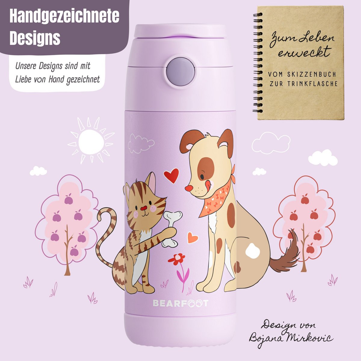 Thermo kinderdrinkfles RVS - hond & kat paars