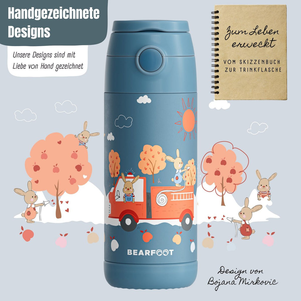 Thermo kinderdrinkfles RVS - brandweer konijn blauw