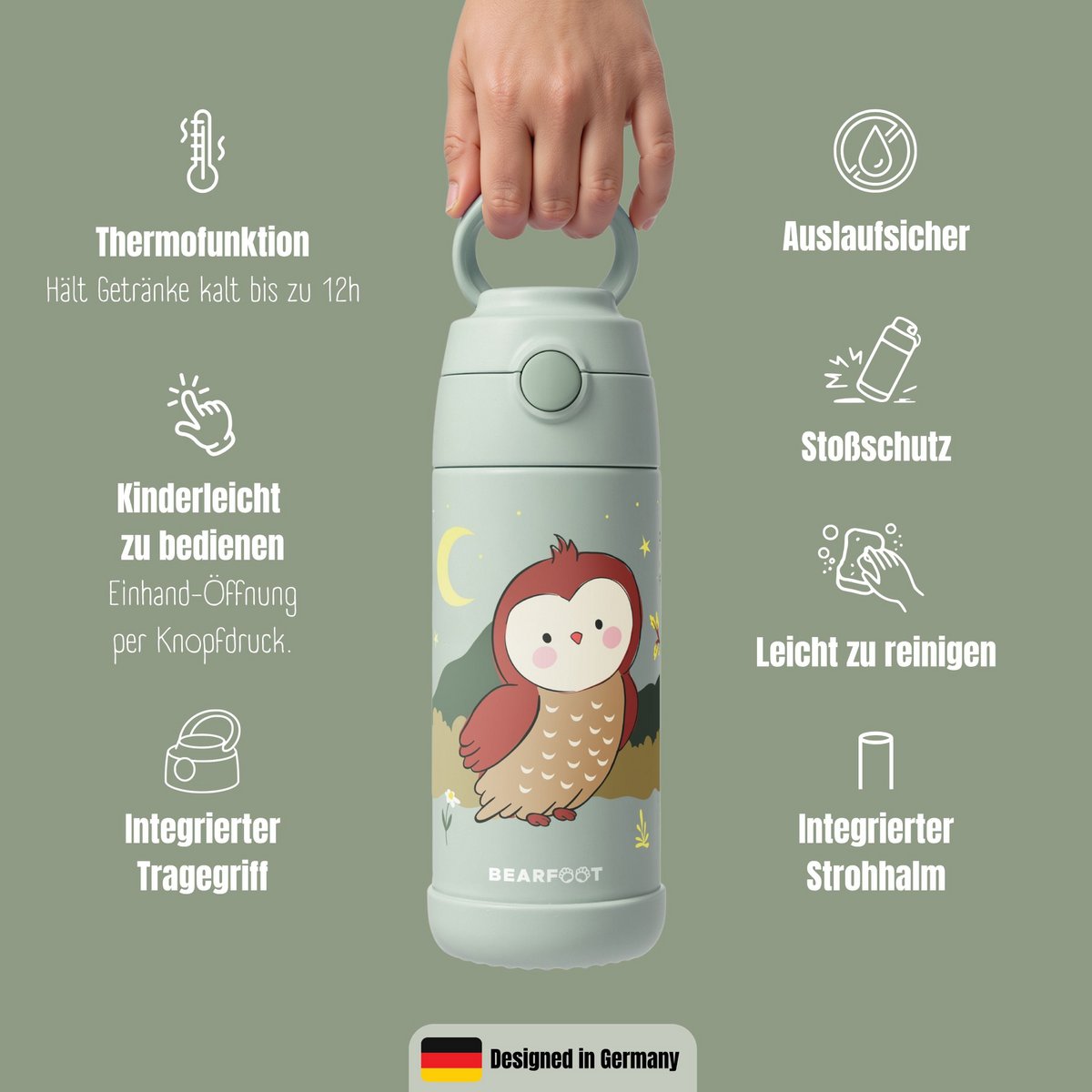 Thermo kinderdrinkfles RVS - uilgroen