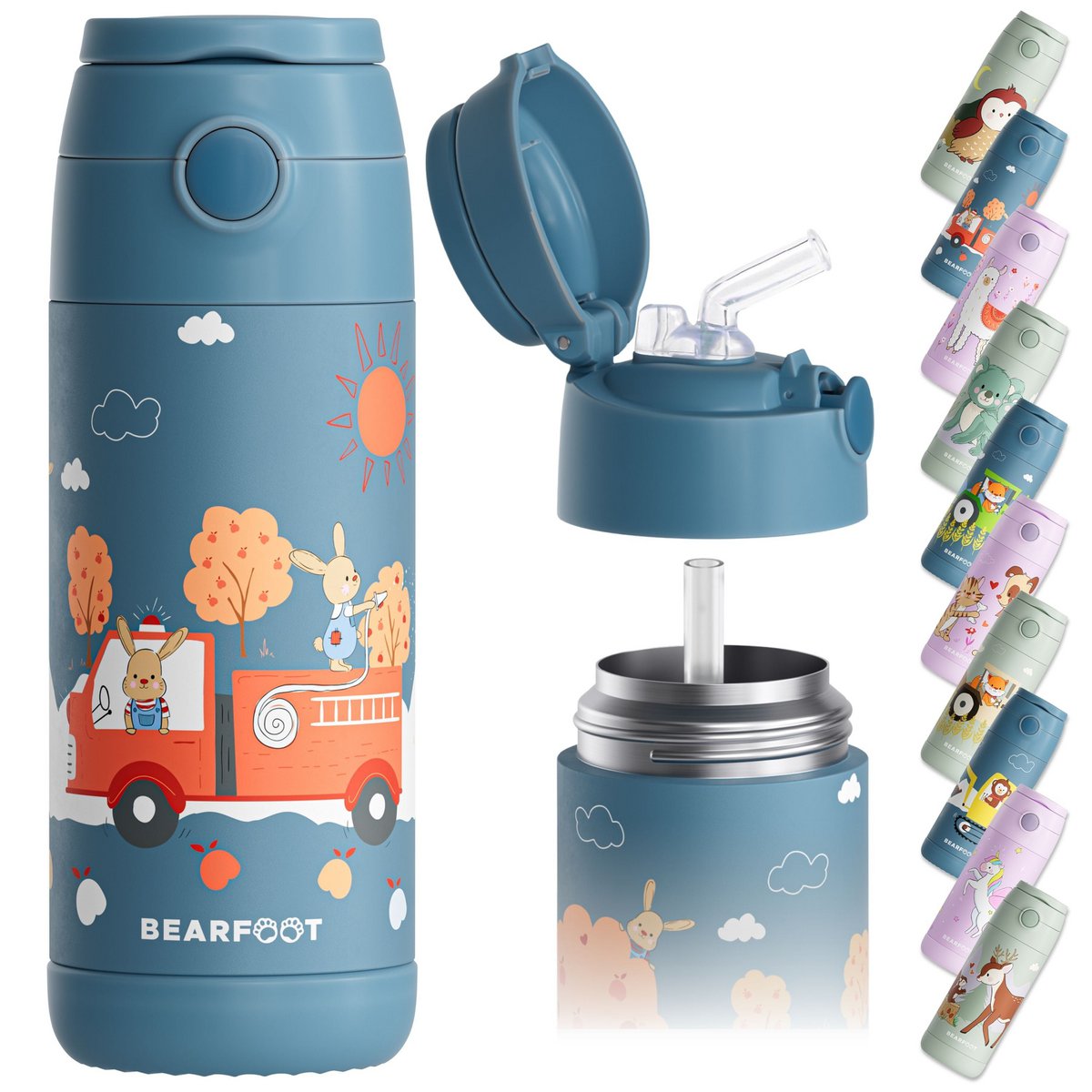 Thermo kinderdrinkfles RVS - brandweer konijn blauw
