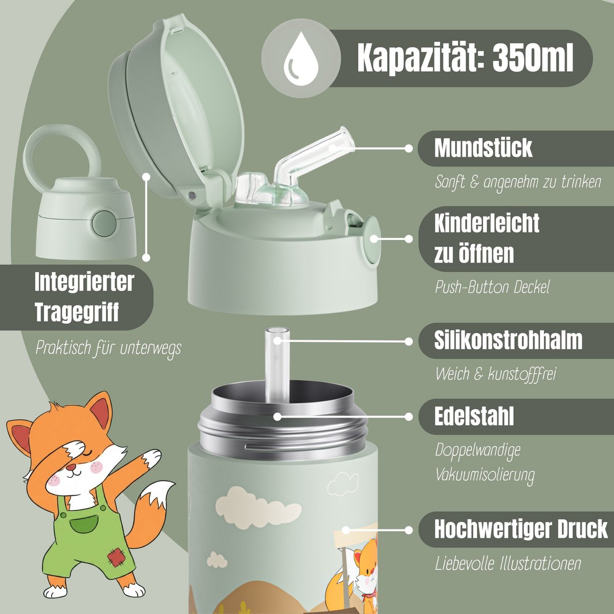 Thermo kinderdrinkfles RVS - tractor groen