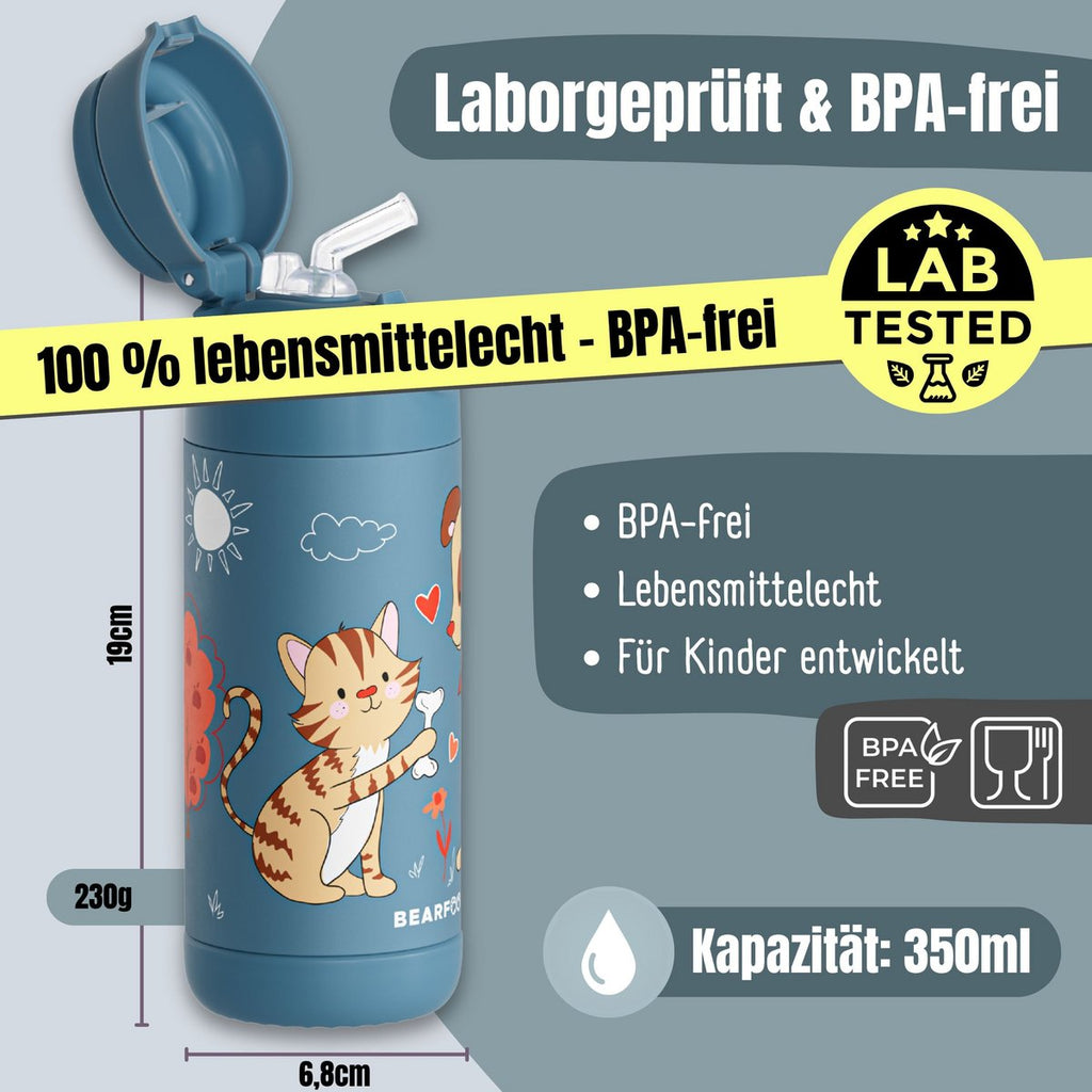 Thermo kinderdrinkfles RVS - hond & kat blauw