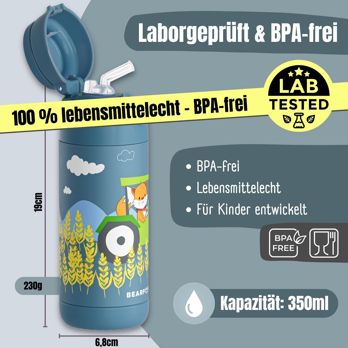 Thermo kinderdrinkfles RVS - tractorvos blauw